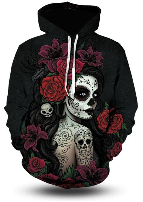 Sudadera negra capucha mensaje y calavera bordados mujer